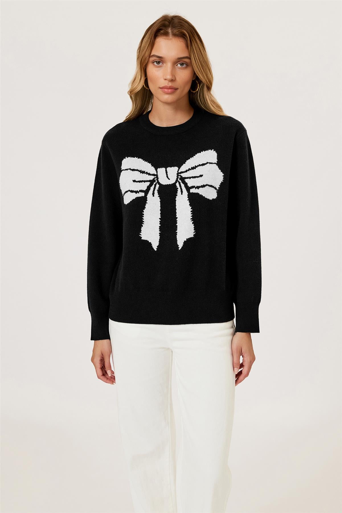 Bowknot Pattern Knit Jumper Top In Black FS850