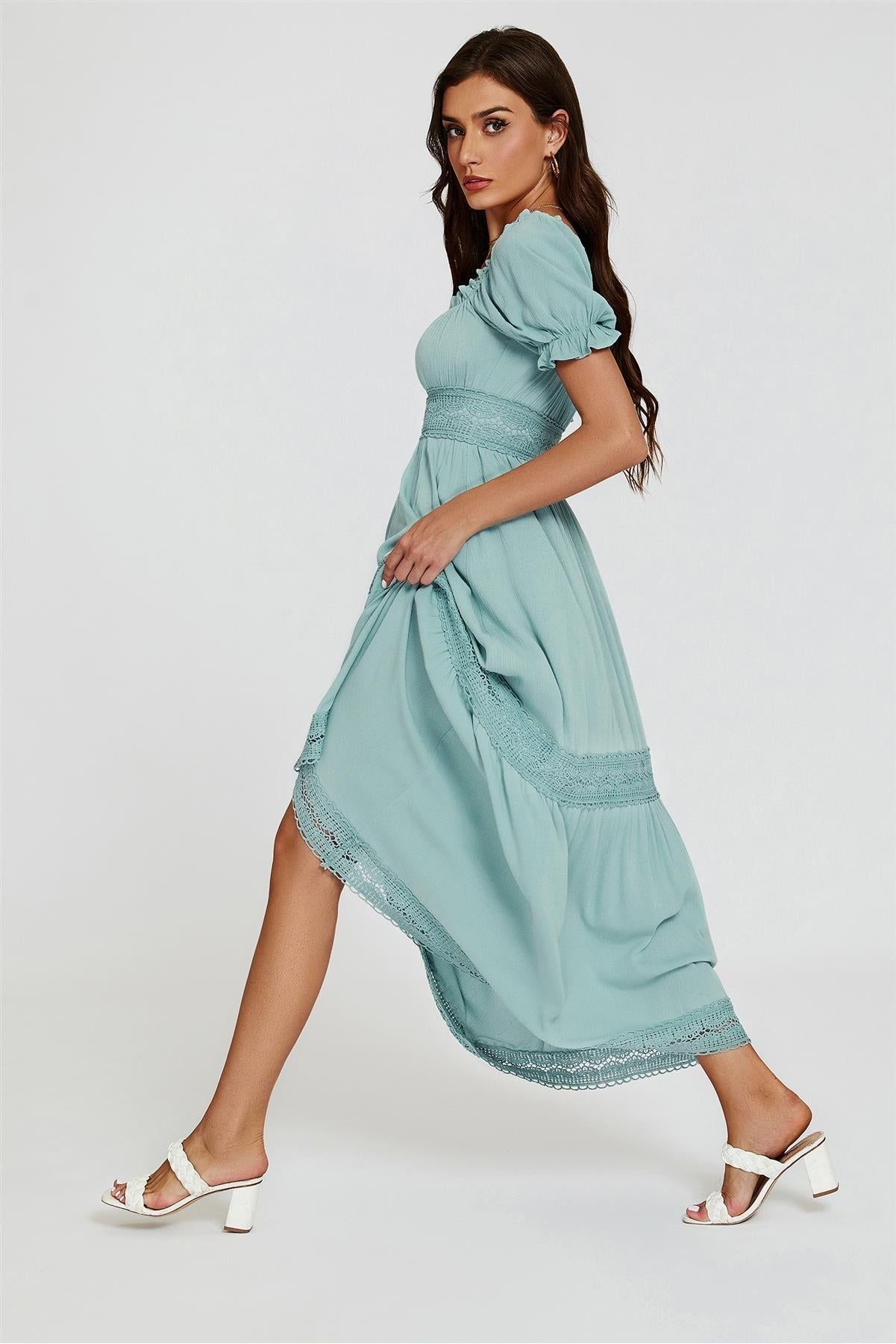 Lace Detail Bardot Maxi Dress In Blue FS829-BLC