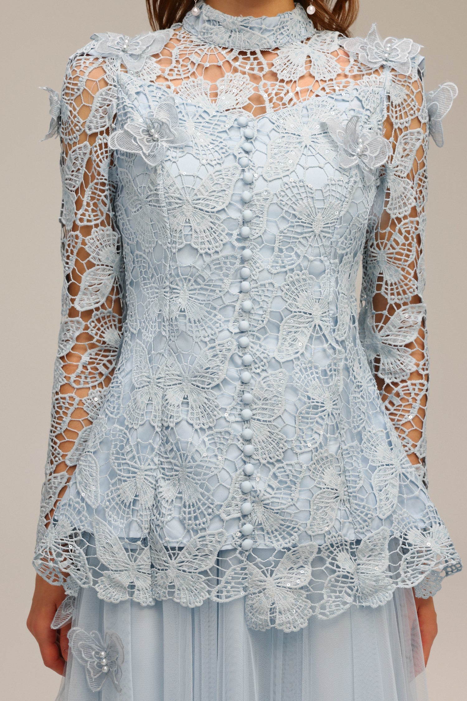 Sabina Long Sleeve Folds Lace Butterfly Top And Skirt Two-Piece Set C250300235