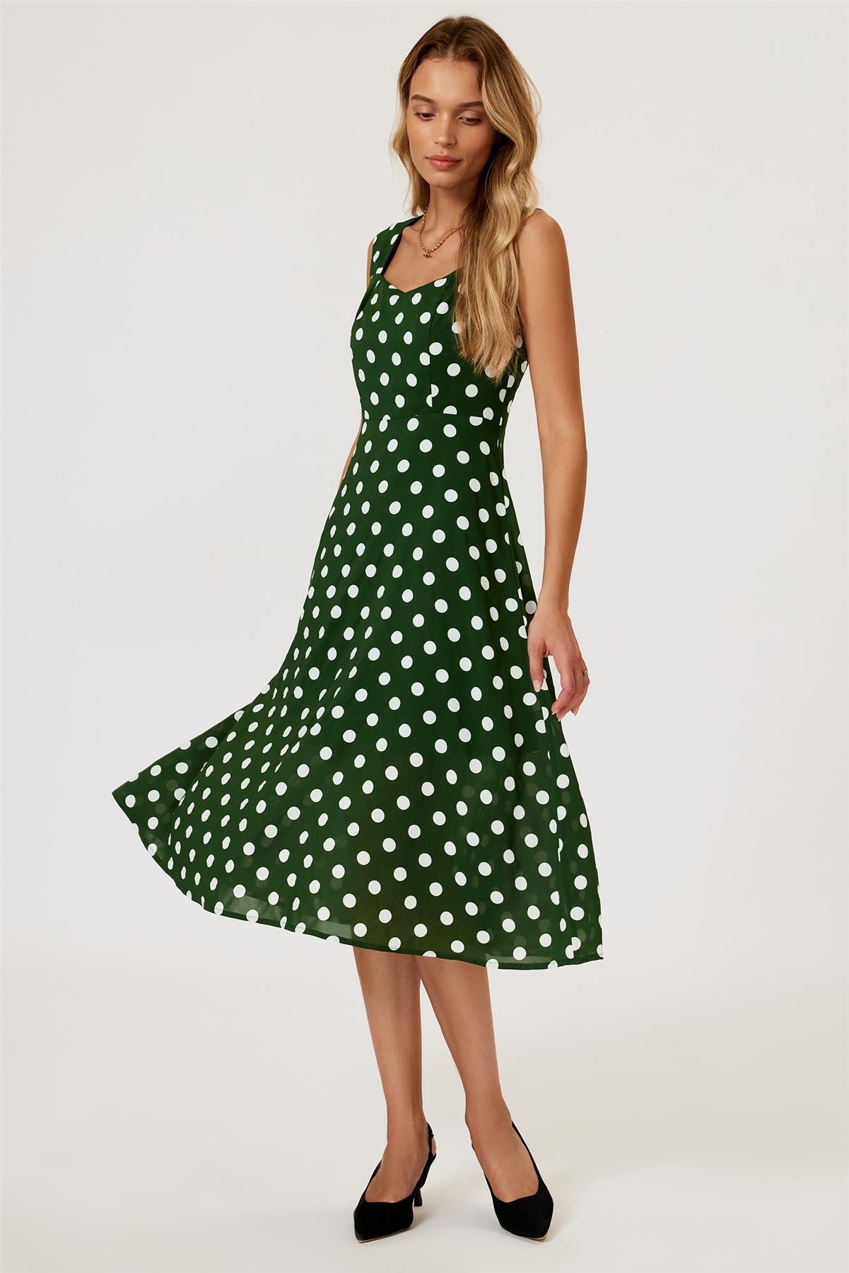Polka Dot Print Heart Neck Midi Green FS887