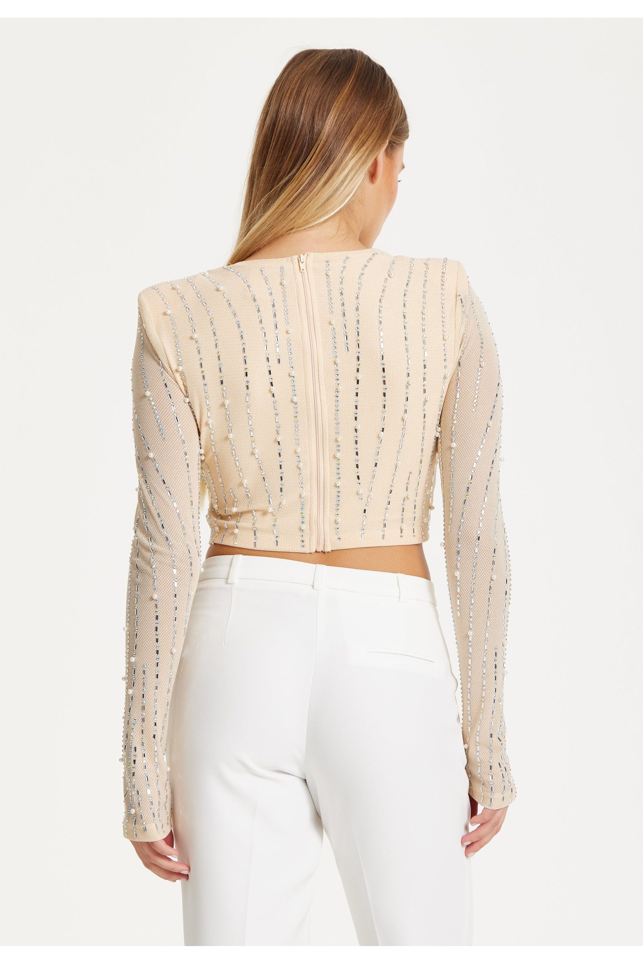 Embellished Nude Long Sleeve Crop Top 25SS8860017