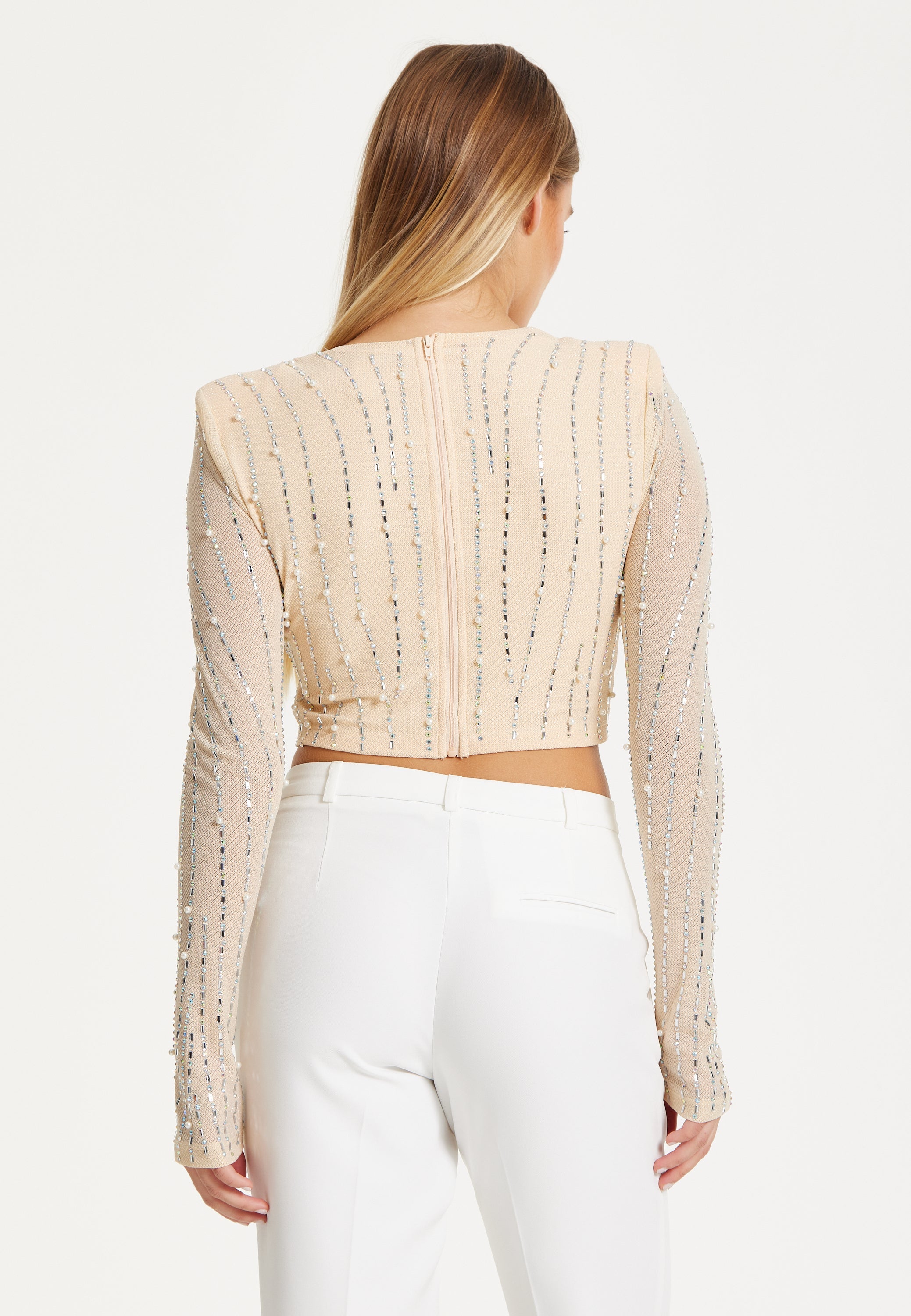 Embellished Nude Long Sleeve Crop Top 25SS8860017