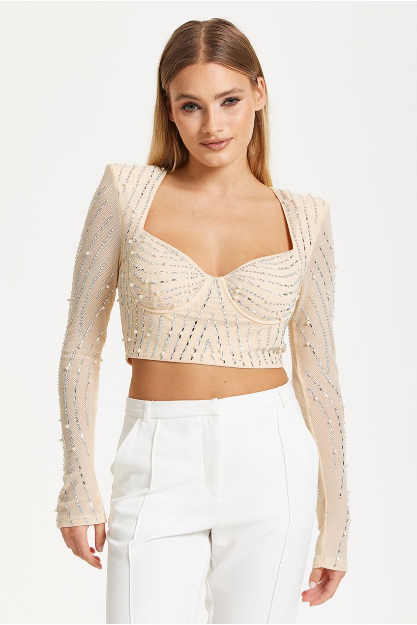Embellished Nude Long Sleeve Crop Top 25SS8860017