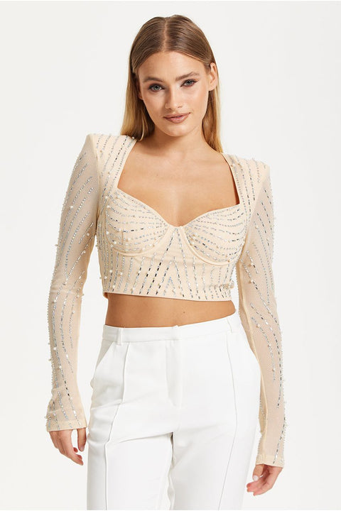 Embellished Nude Long Sleeve Crop Top by Liquorish