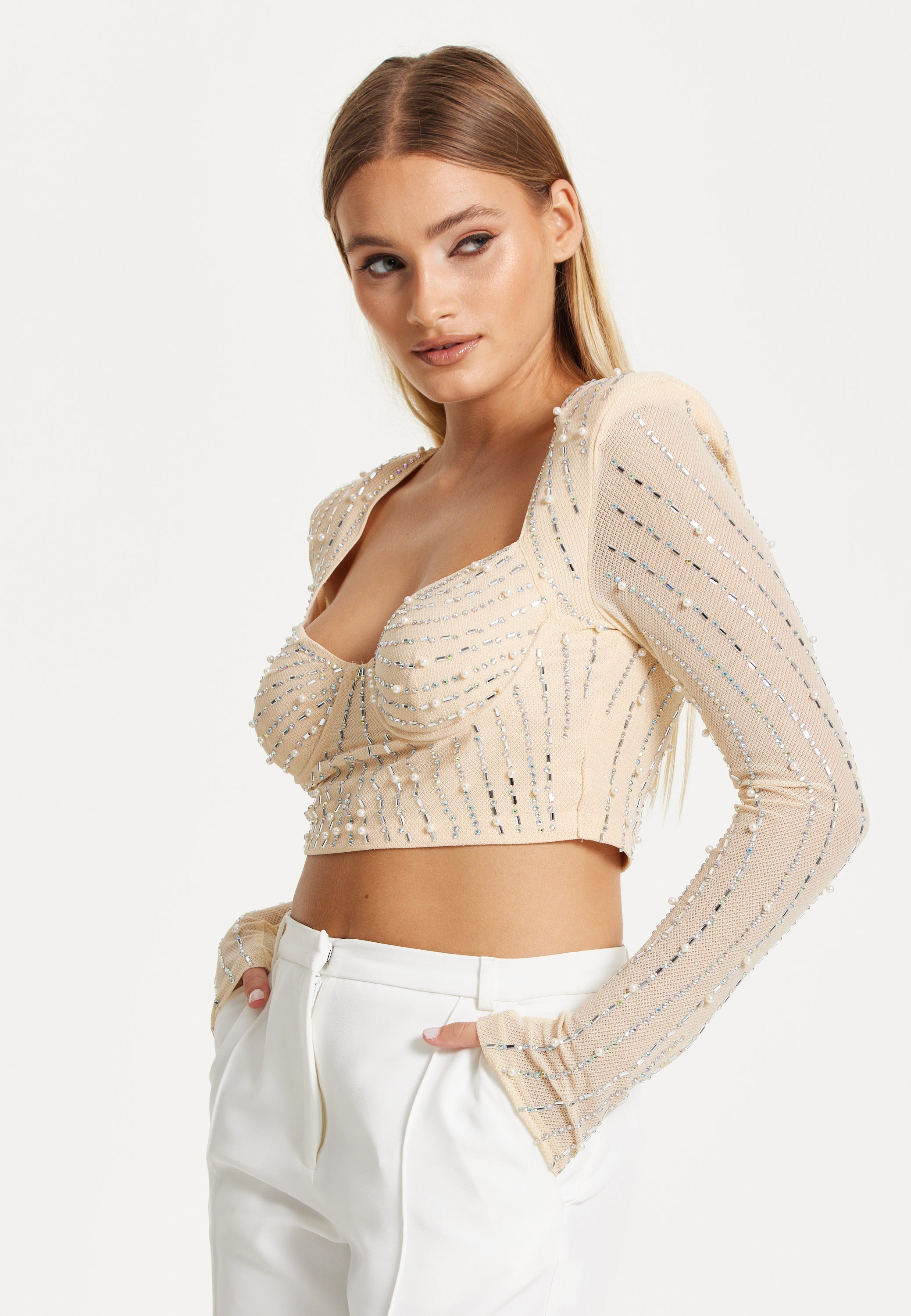 Embellished Nude Long Sleeve Crop Top 25SS8860017