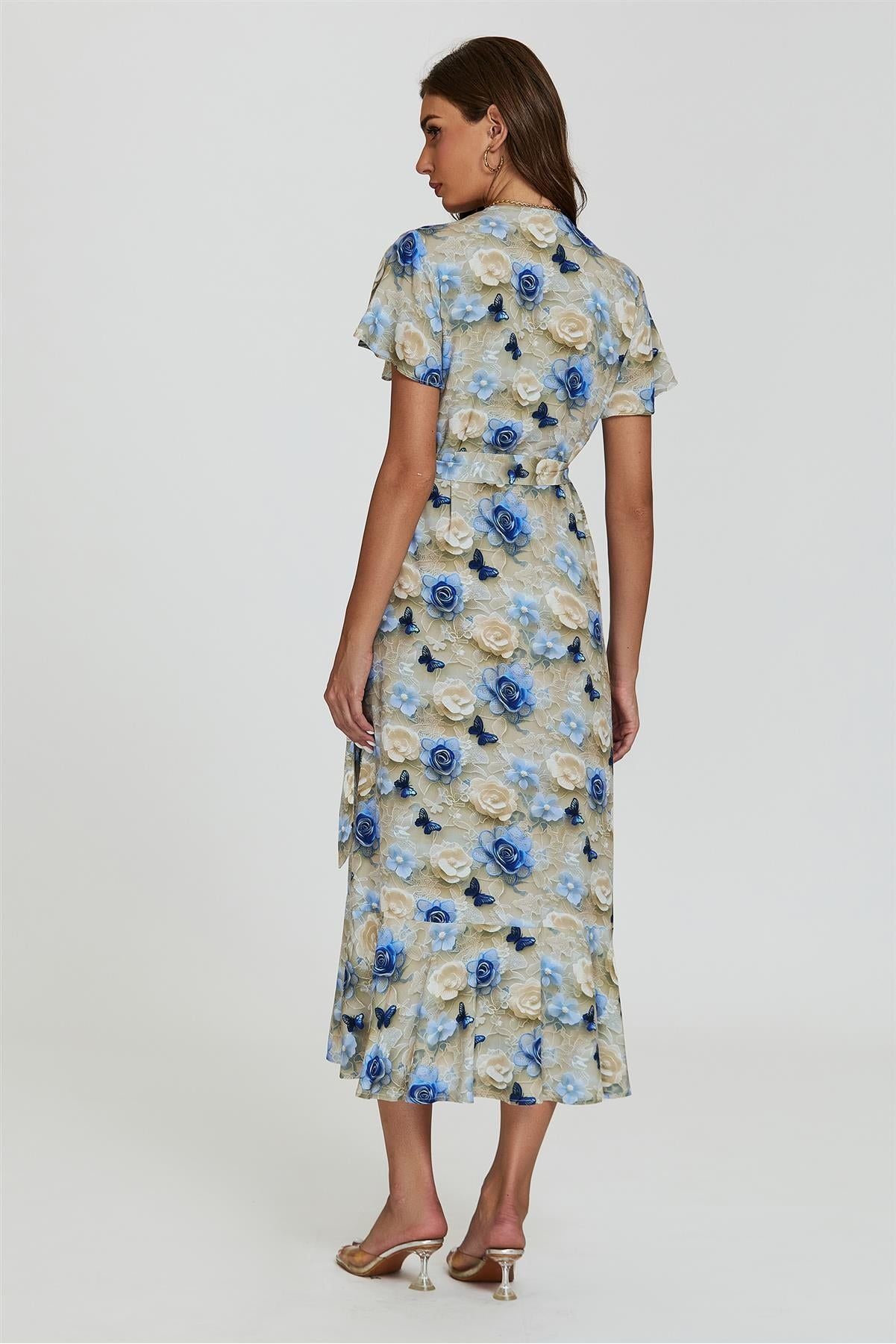 Floral Print Wrap Hem Midi Dress In Beige FS21164-TDB