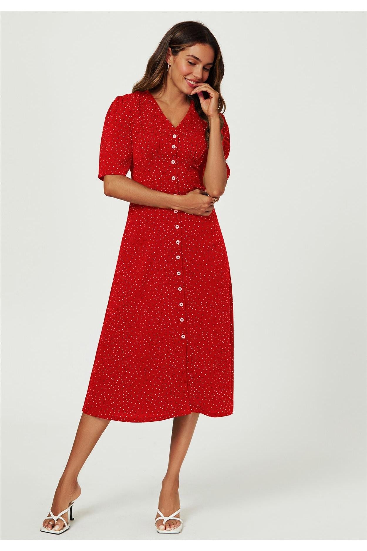 Dot Print Button Front Midi Dress In Red FS707-RedDot