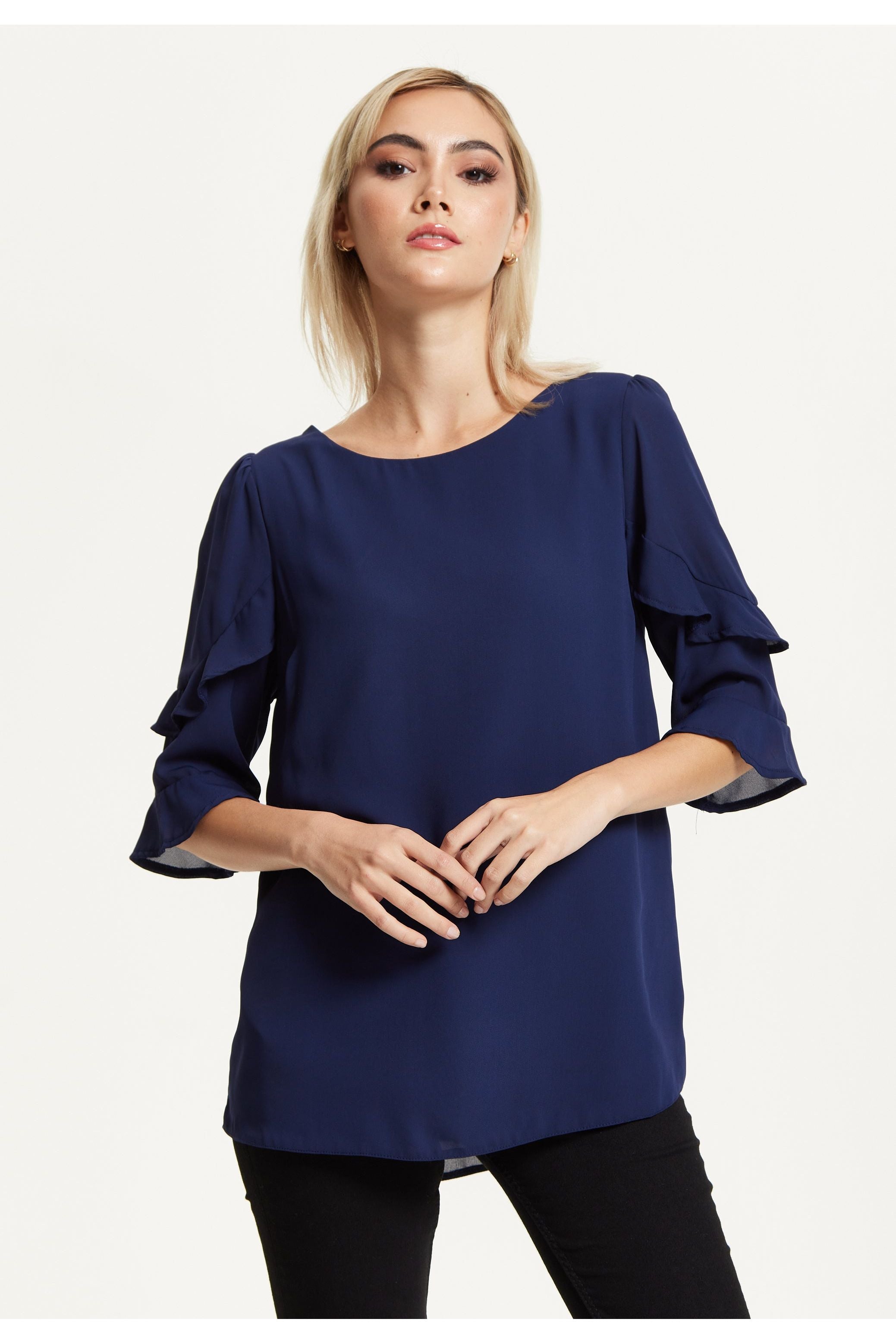 Navy Ruffle Sleeve Blouse 25AW-61009