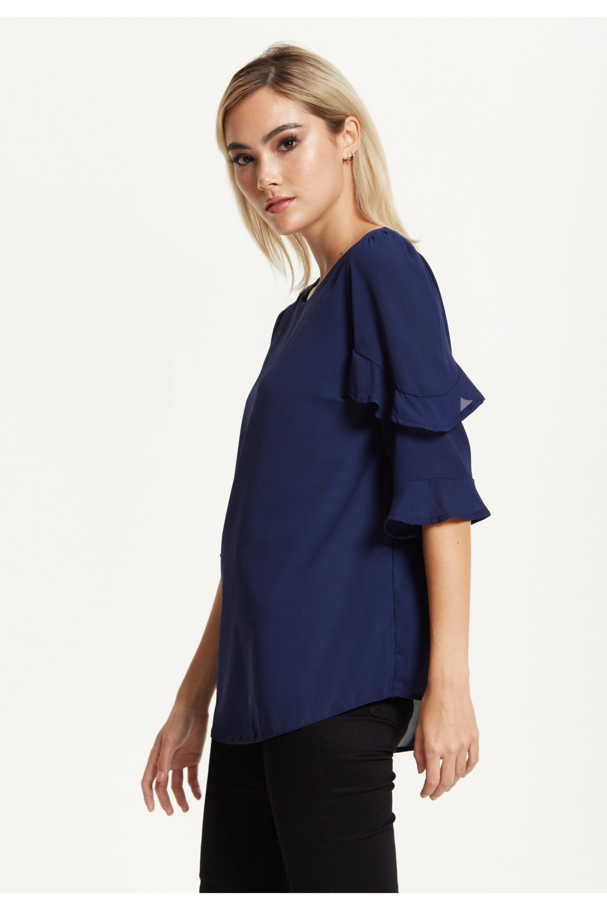 Navy Ruffle Sleeve Blouse 25AW-61009
