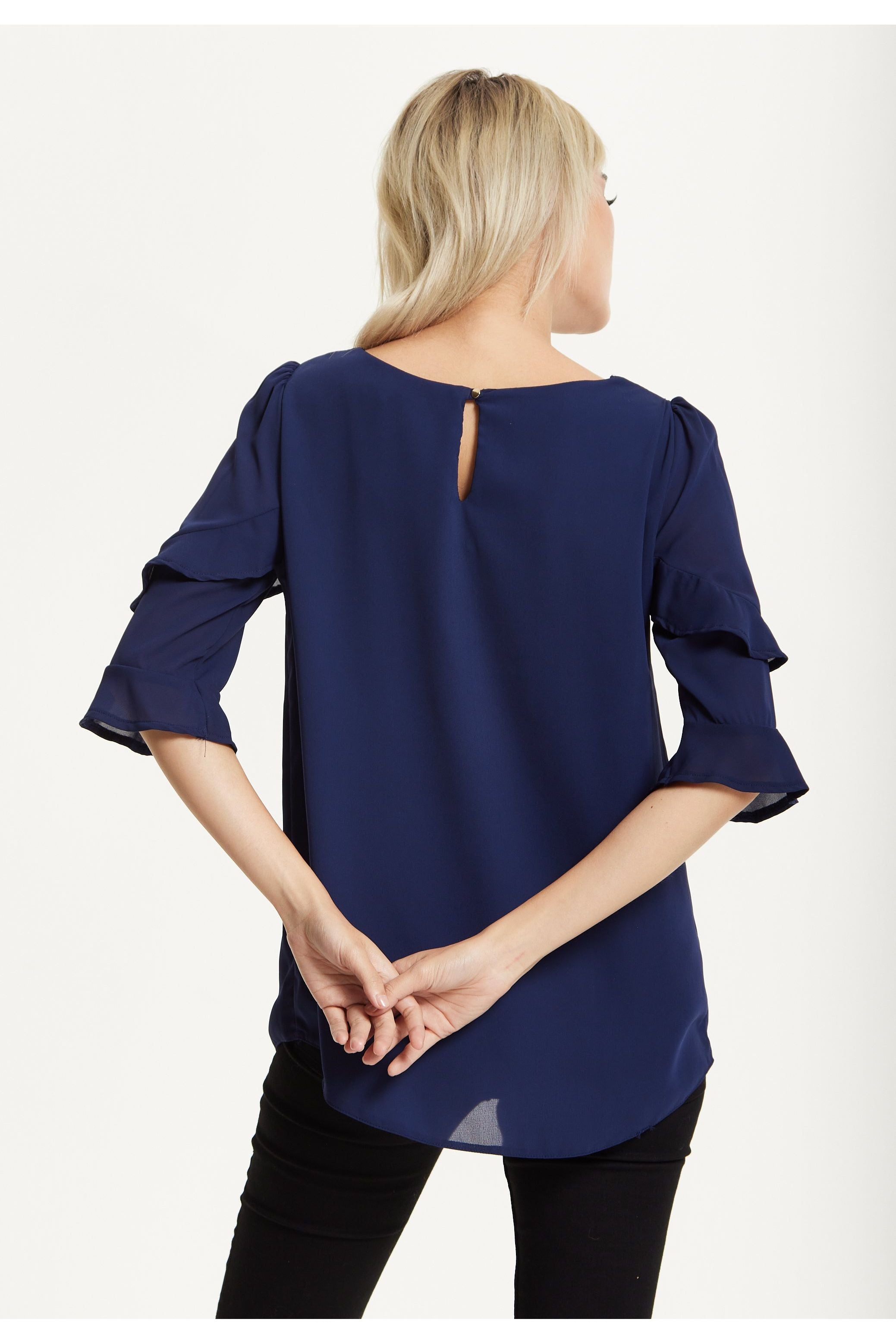 Navy Ruffle Sleeve Blouse 25AW-61009