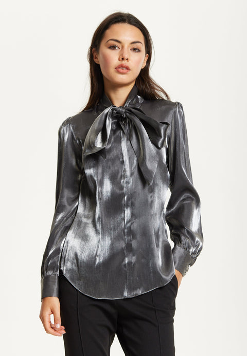 Charcoal Metallic Pussybow Blouse by Liquorish