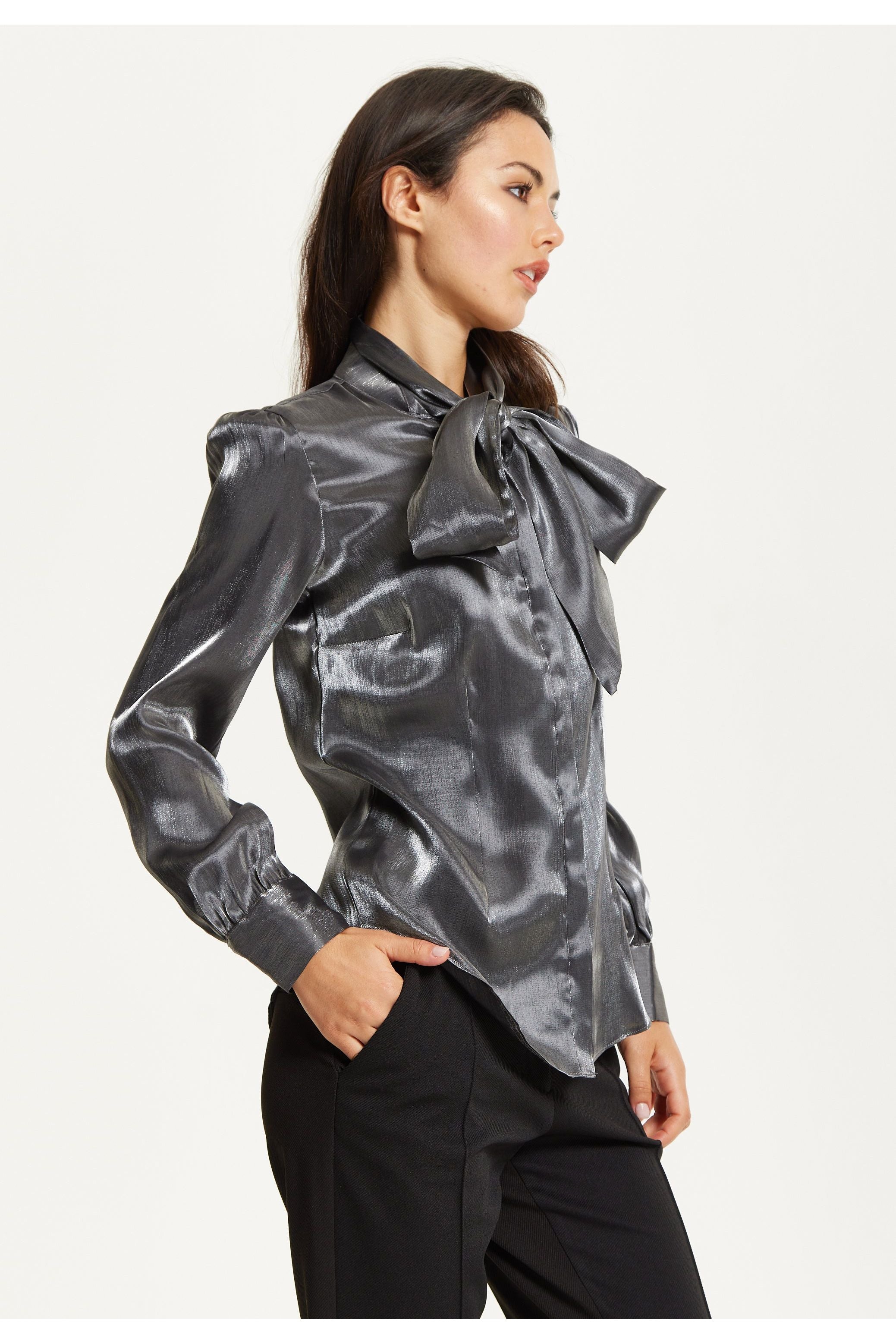 Charcoal Metallic Pussybow Blouse 25AW-62011