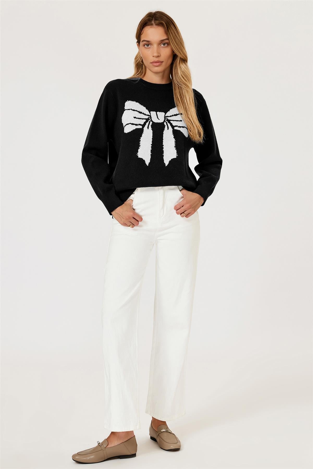 Bowknot Pattern Knit Jumper Top In Black FS850