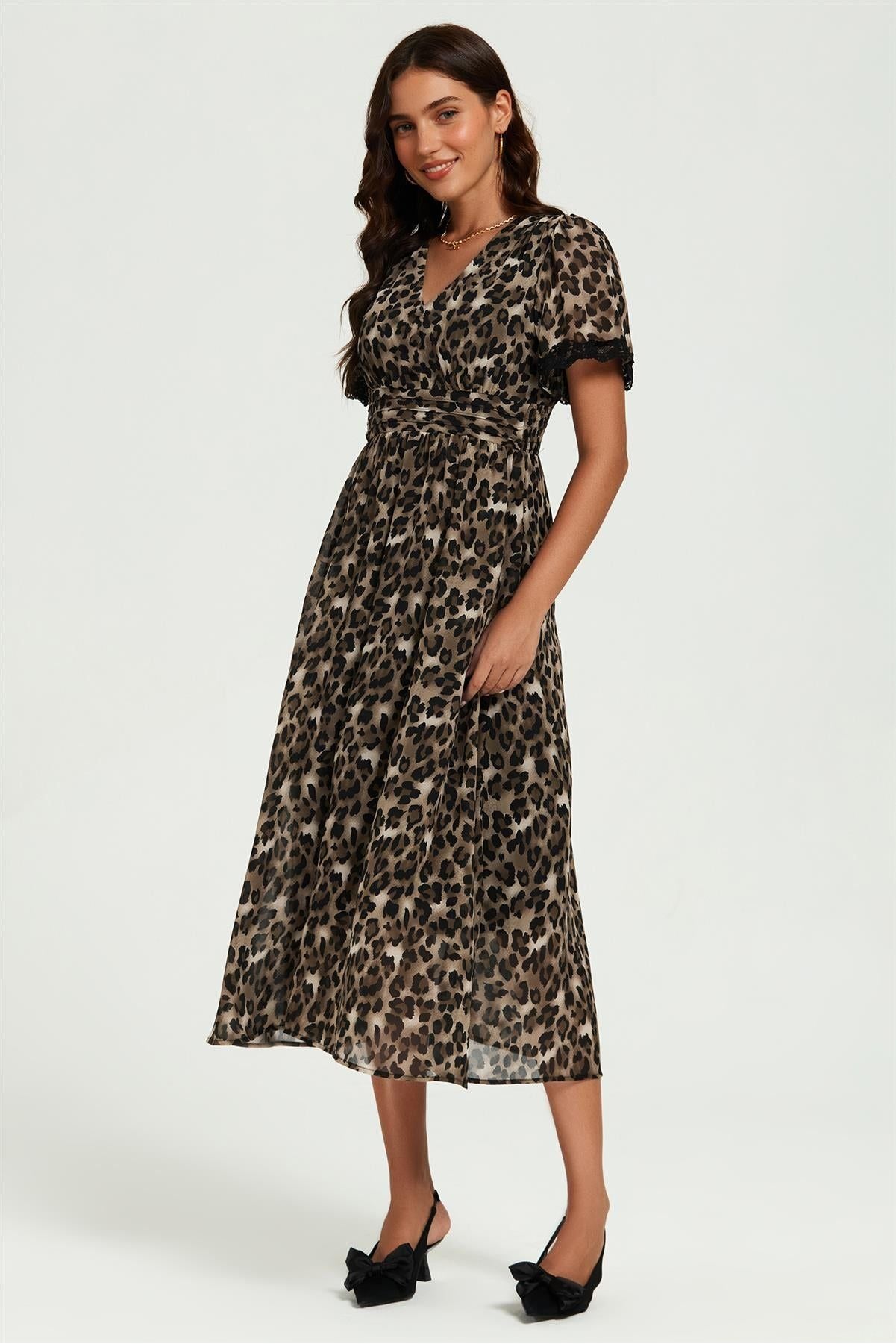 Leopard Print Lace Trim On Sleeve Midi Dress In Brown FS863-LLB