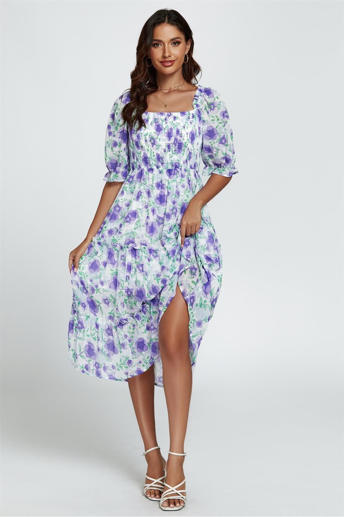 Floral Print Bardot Puff Sleeve Elasticated Detail Midi Dress In White FS362-PWF