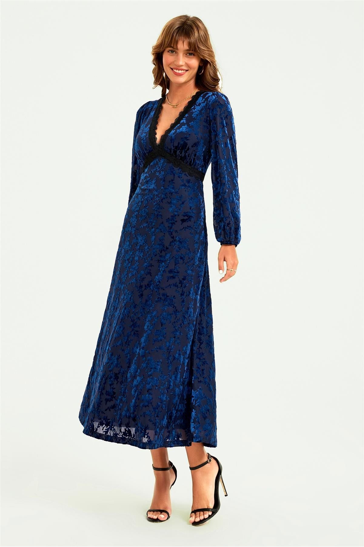Floral Velvet Devore Lace Trim Neckline Midi Dress In Navy FS903-NVF