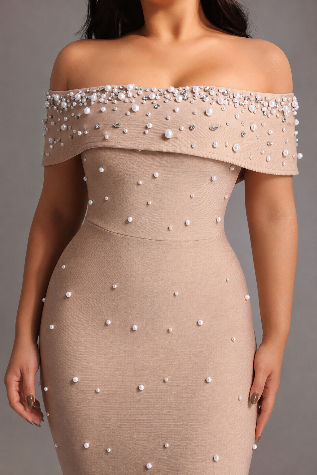 Isme Elegant Contour Off Shoulder Pearl Rhinestone Bandage Maxi Dress D260301428