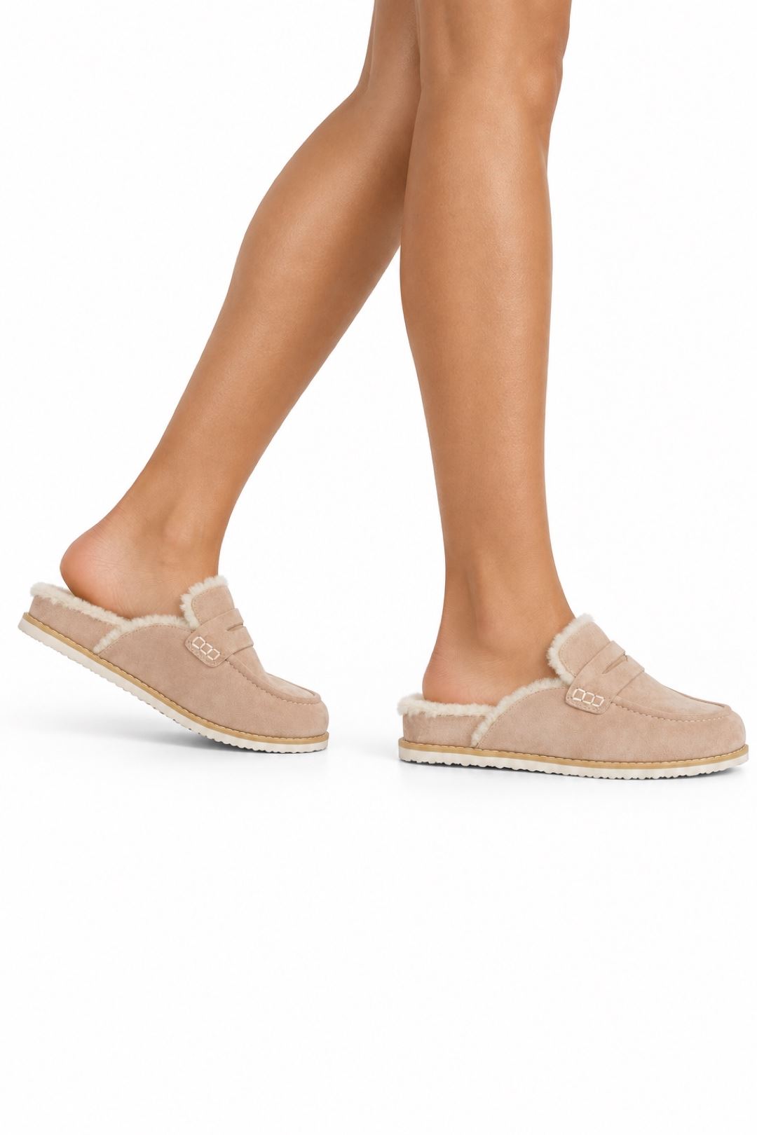 Alviera Fur Detail Backless Mule Loafer Slippers In Beige DONALD1-BEISU