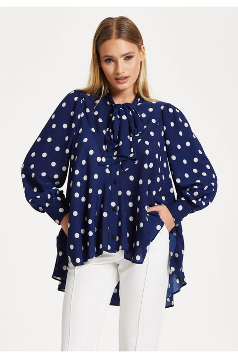 Navy Polka Dot Flared Hem Blouse by Liquorish