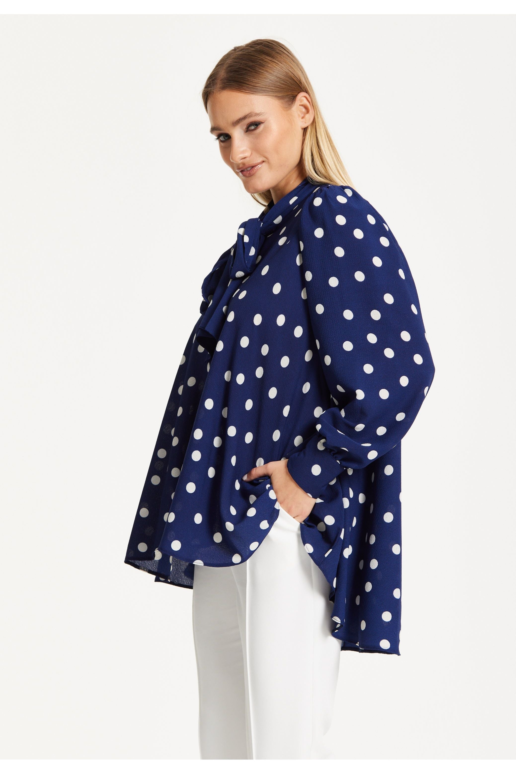 Navy Polka Dot Flared Hem Blouse 25SS8866009