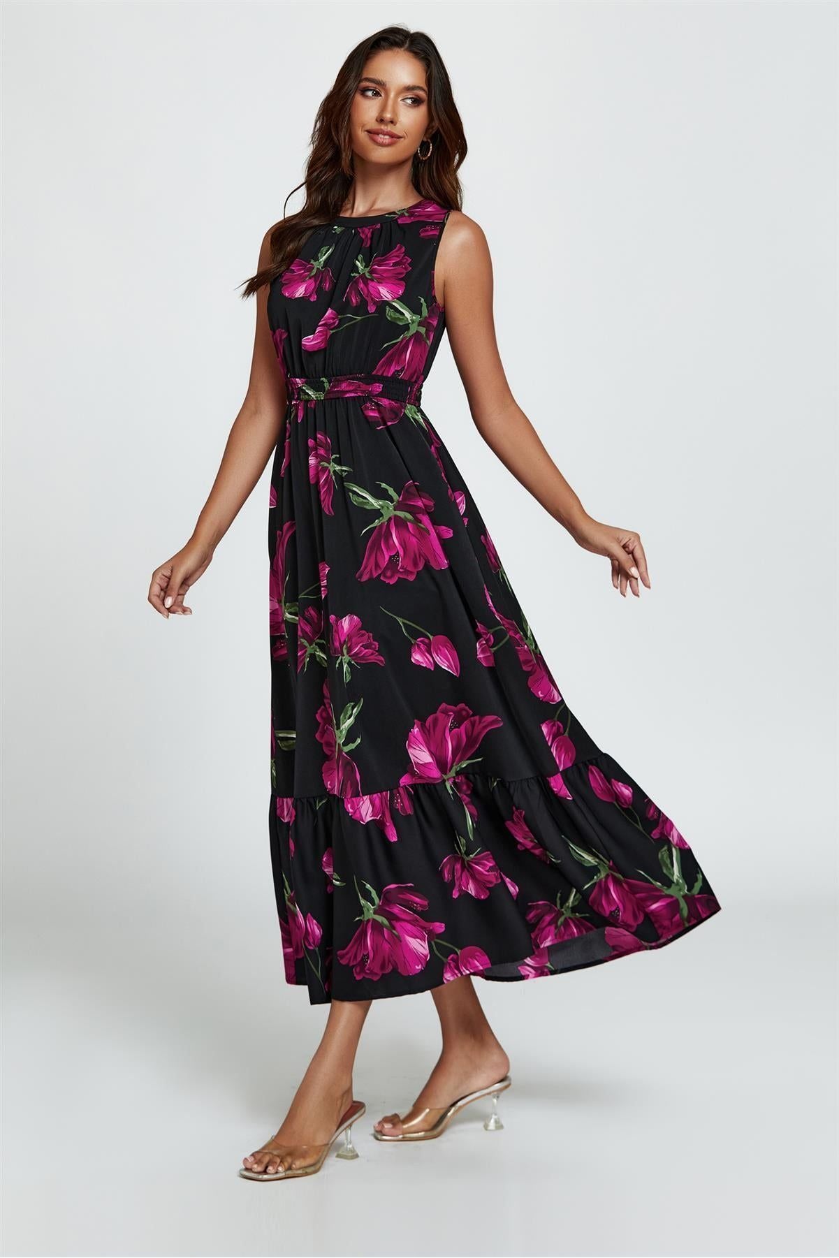 Floral Print Halterneck Maxi Dress In Black FS812-BM