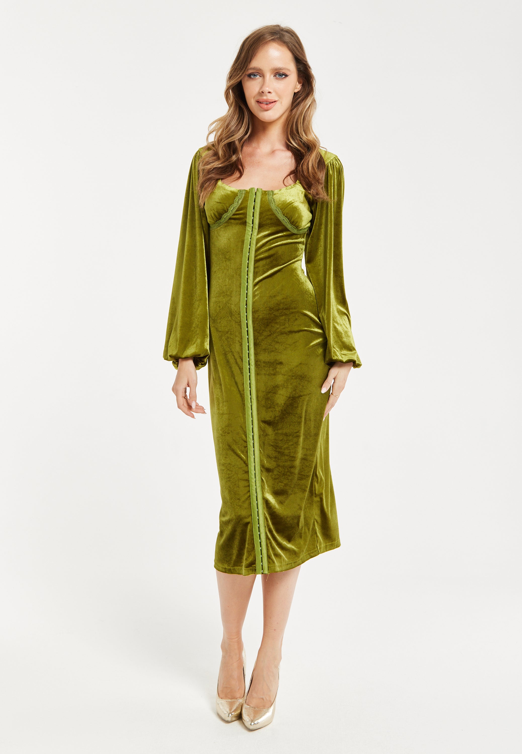 Women's Midi Dress With Balloon Sleeves In Luxurious Velvet - Elegant Corset Detail By Liquorish 23AW067G010