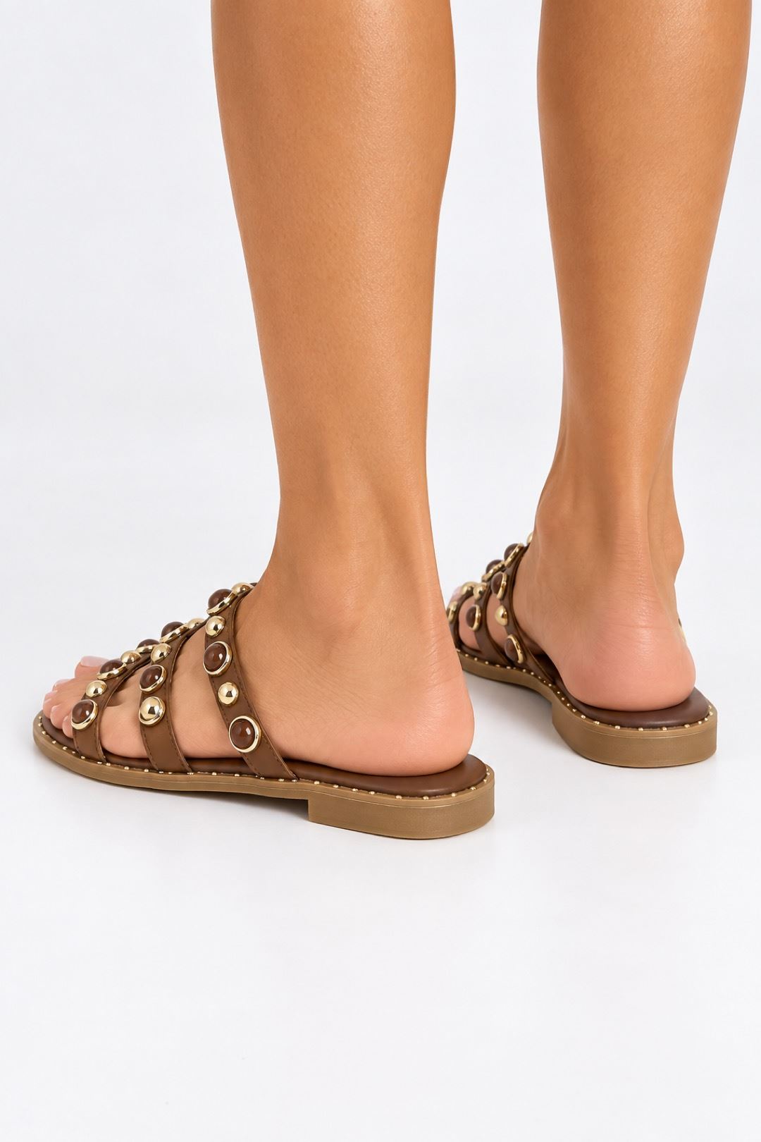 Molly Gold Round Stud Detail Cage Sliders In Brown LEM2-BRN