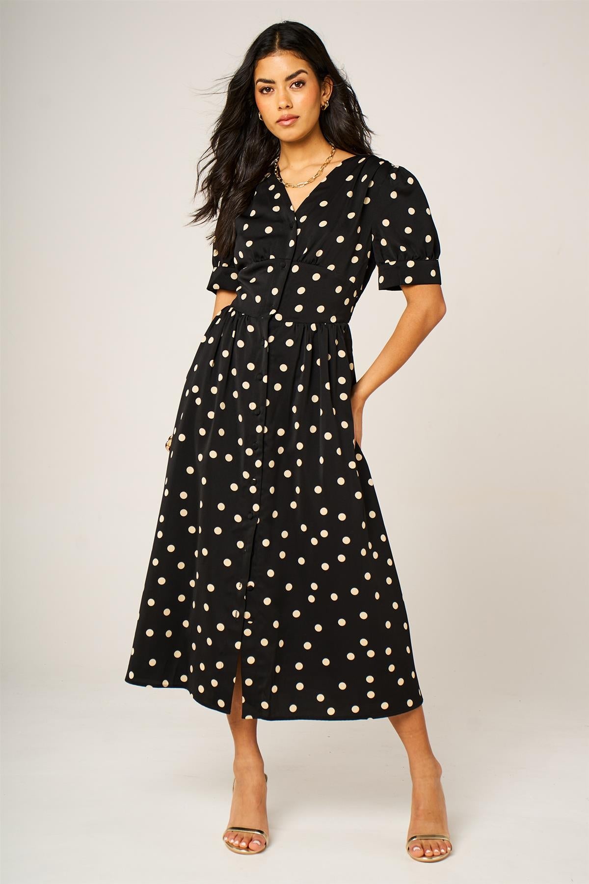 Dot Print Button Front Midi Dress In Black With Puff Sleeves FS931-BBD