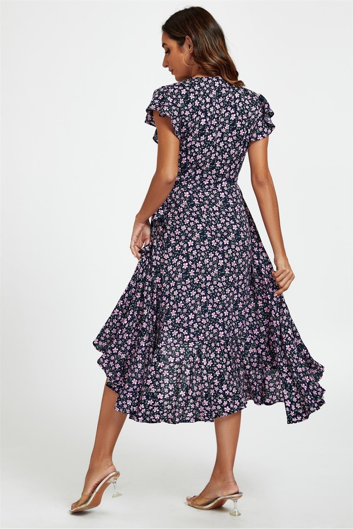 Floral Frill Sleeve Midi Wrap Dress In Navy FS411-NavyPink