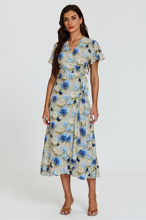 Floral Print Wrap Hem Midi Dress In Beige by FS Collection