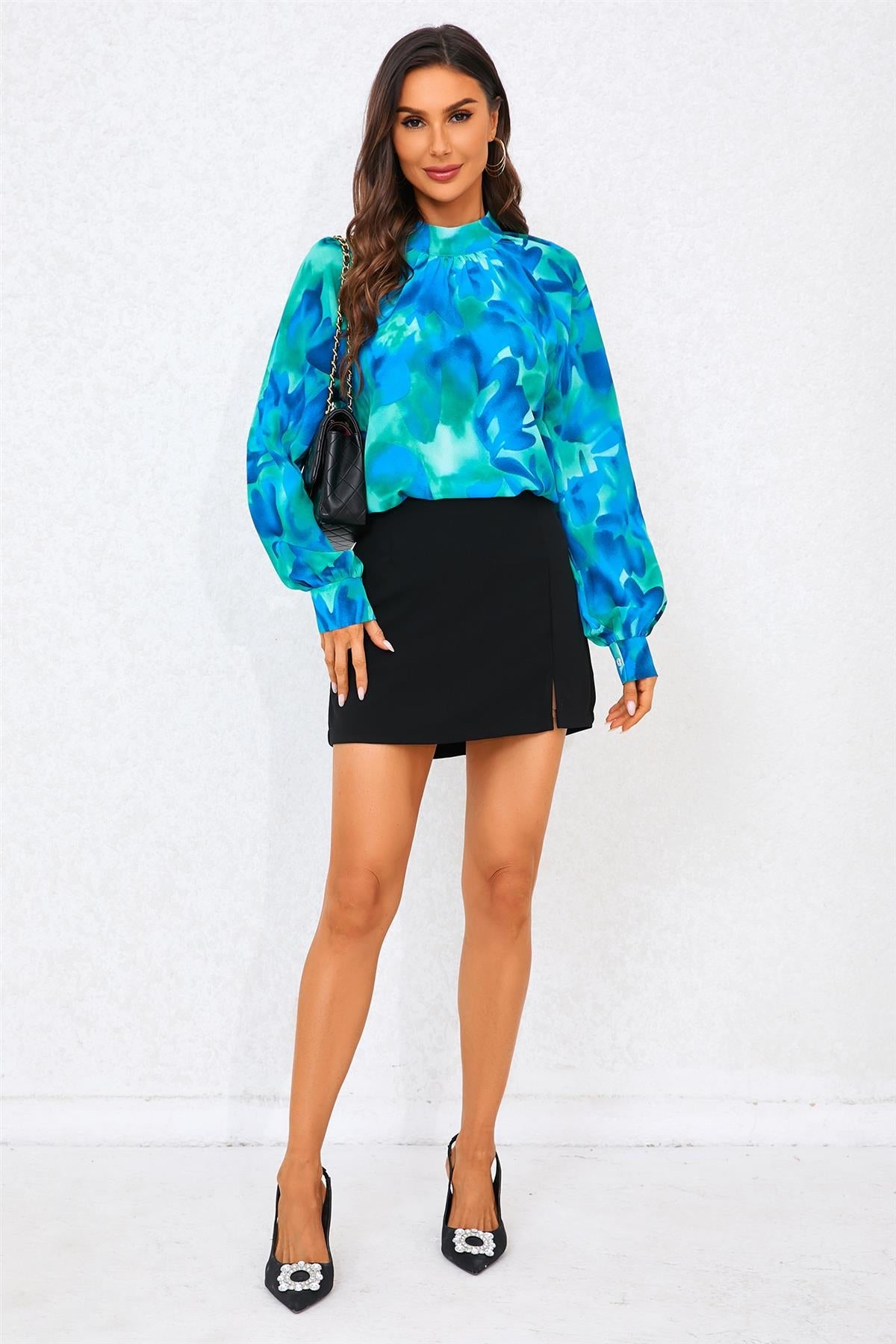 Abstract Floral Print Halter Neck Blouse Top In Blue FS487-BlueFloral