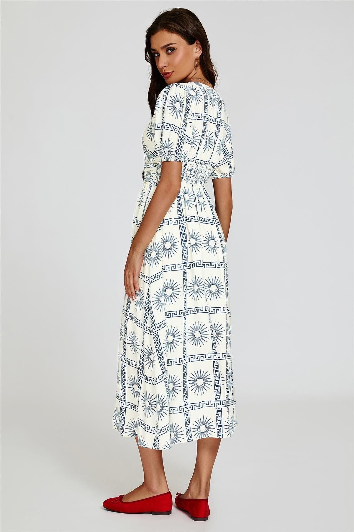 Geo Print Midi V Neckline Dress In White FS827-WBF