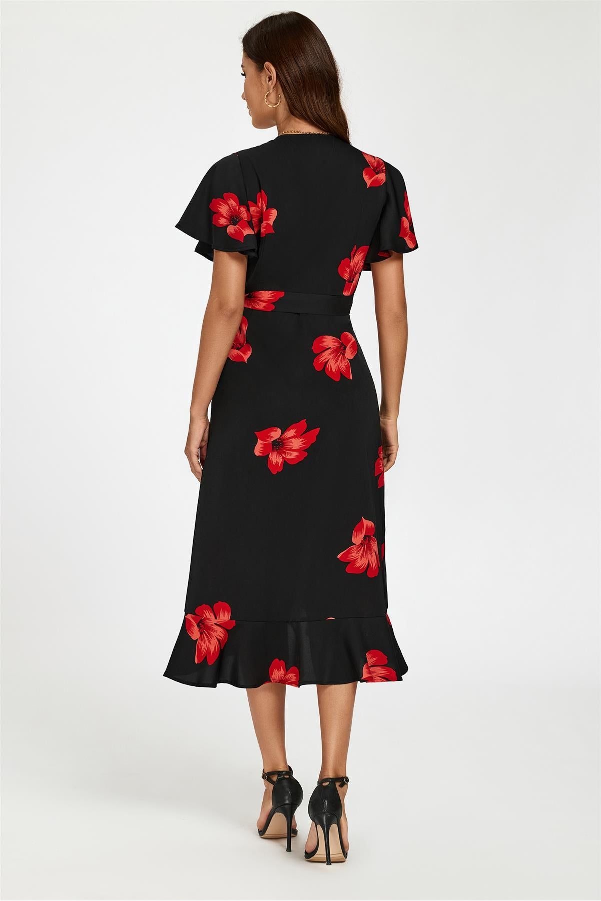 Floral Print Angel Sleeve Wrap Dress In Black FS524-BlackRed