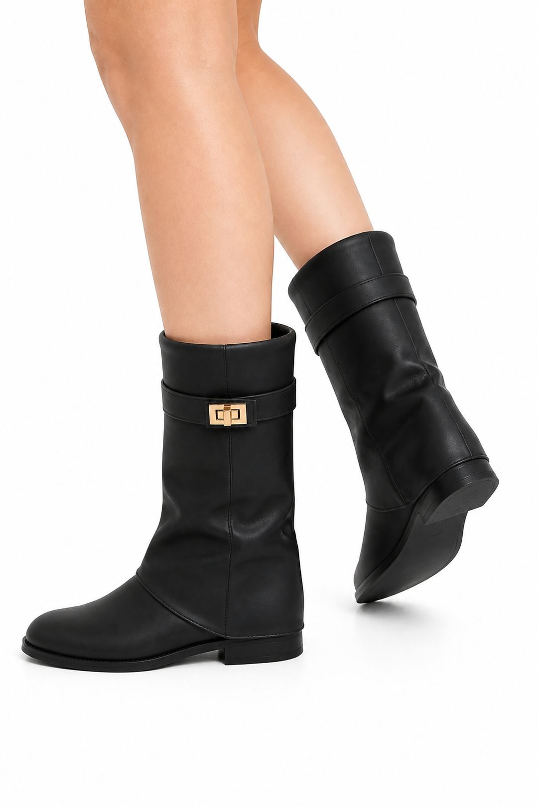 Isley Round Toe Gold Trim Buckle Fold Over Knee High Boots In Black Matt WISPA15-BLKMT
