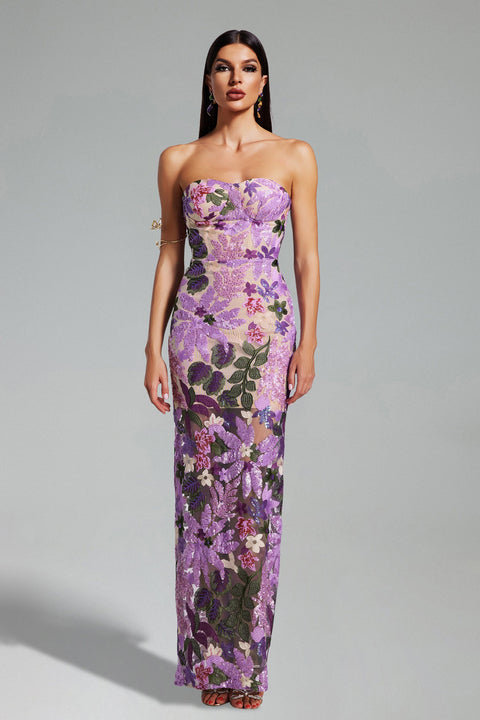 Eugenia Flower Sequins Strapless Mesh Dress - Purple by Bella Barnett