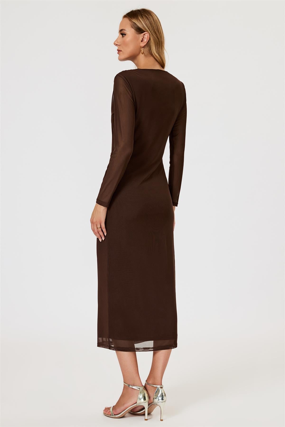 Long Sleeves Mesh Midi Dress In Brown FS776