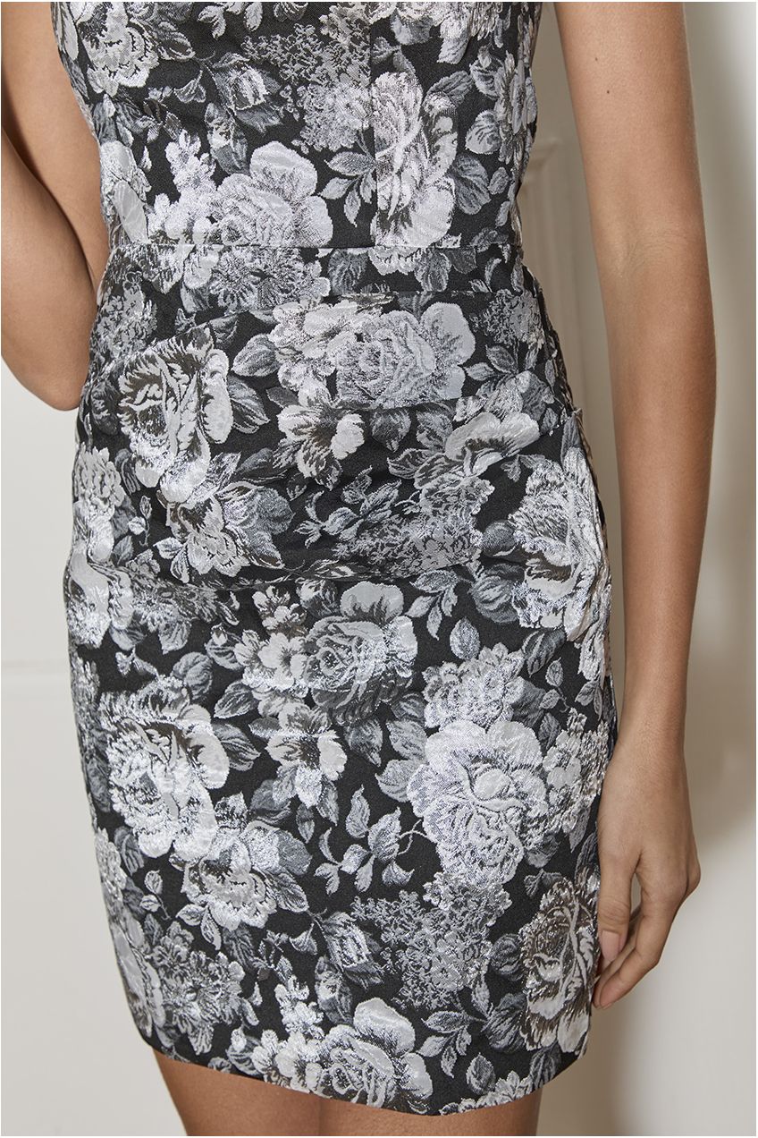 One Shoulder Floral Print Jacquard Mini Dress In Silver 70986SIL