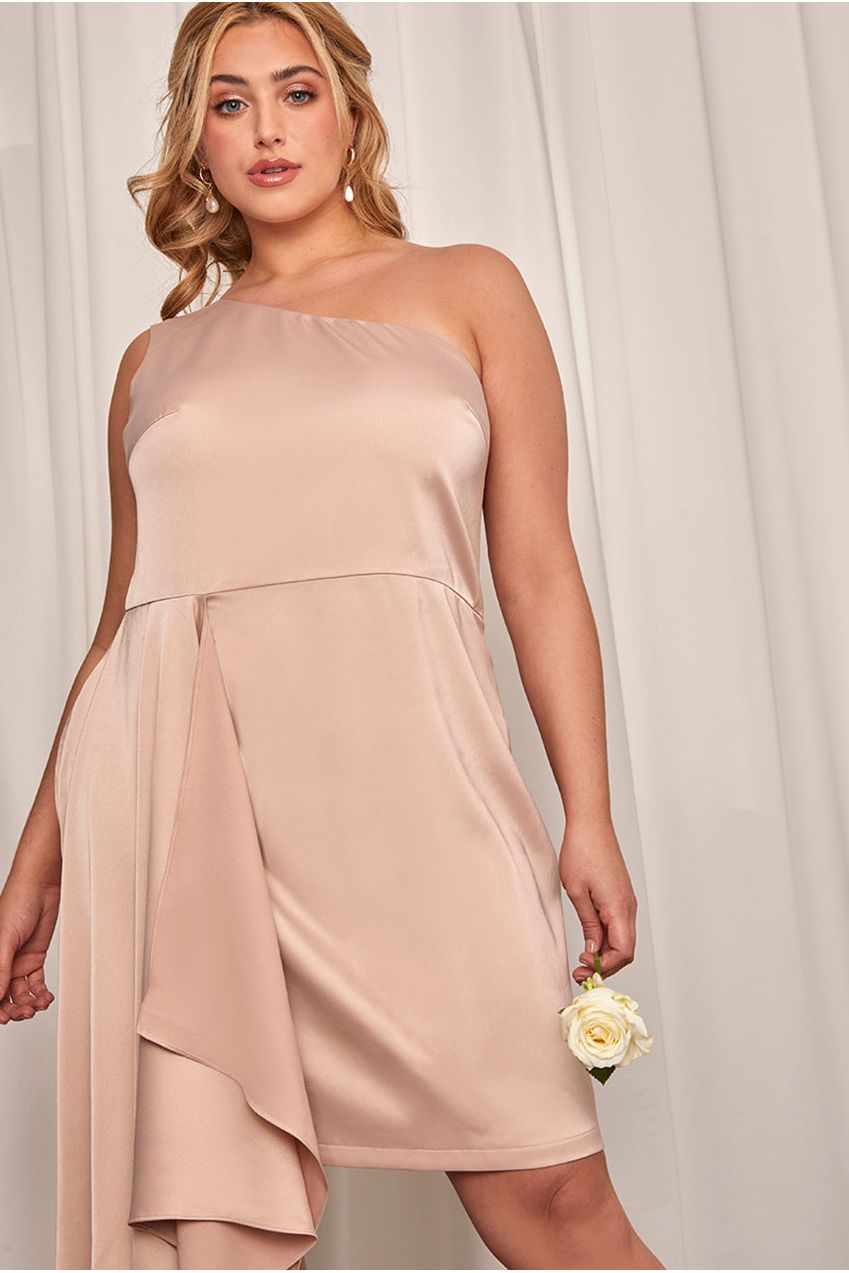 Plus Size One Shoulder Satin Drape Mini Dress In Champagne 71198CCH
