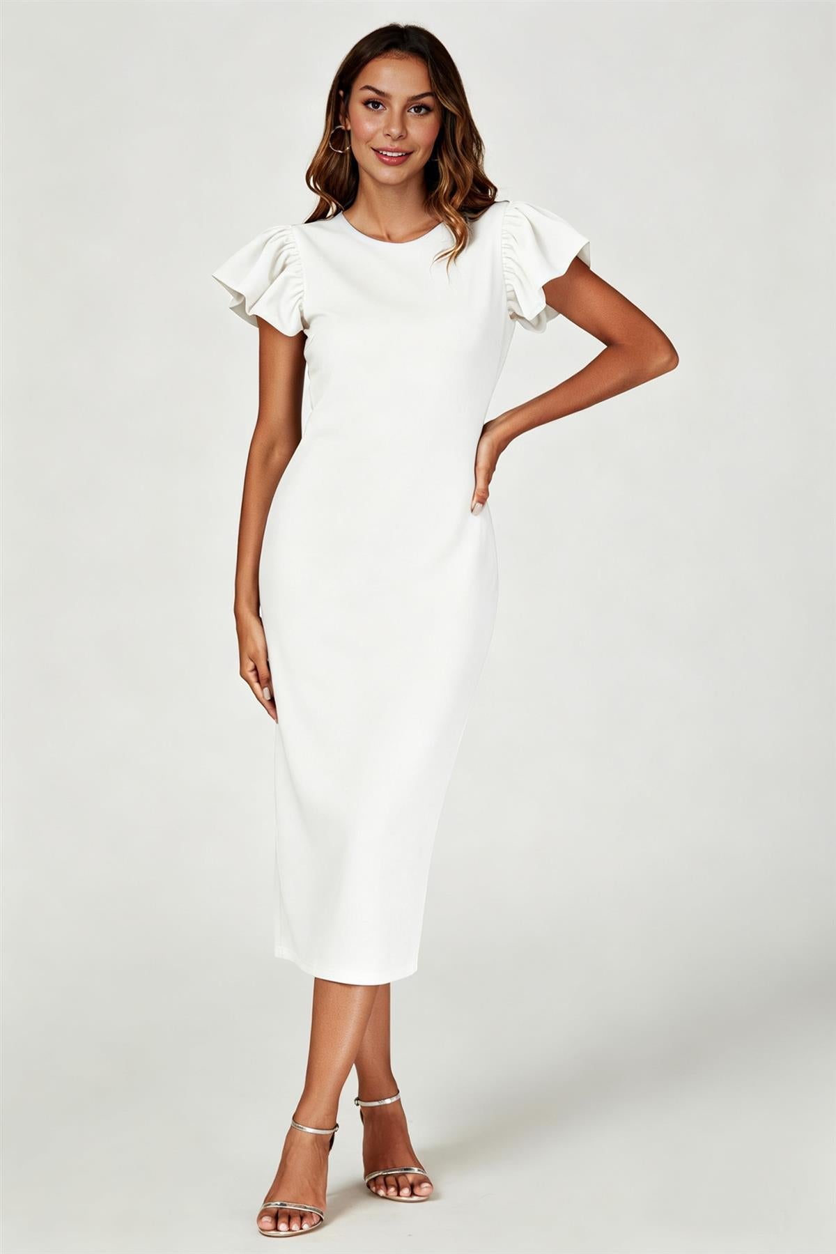 Volume Sleeve Bodycon Midi Dress In White FS770