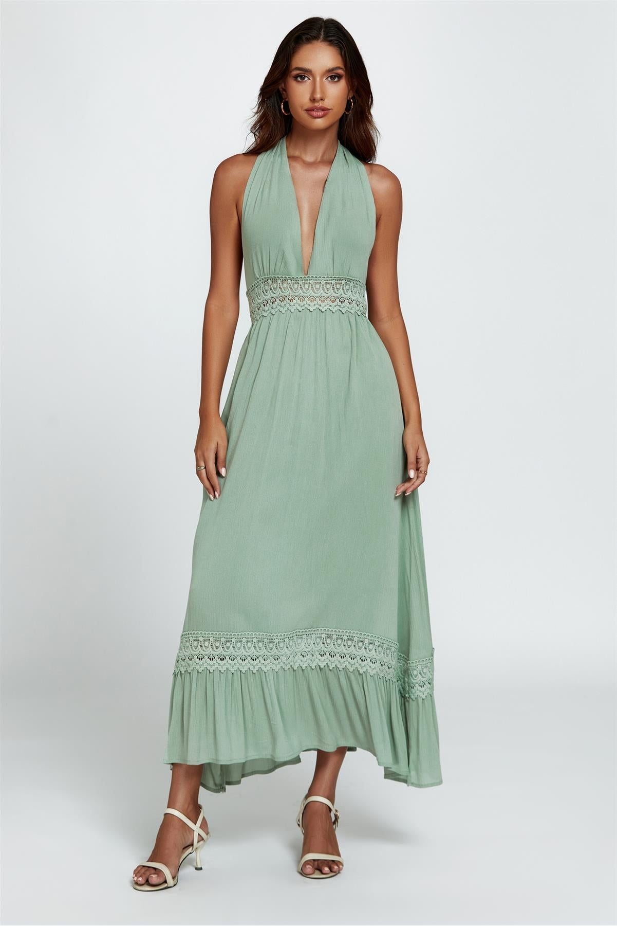 Lace Detail Adjustable Deep V Neckline Maxi Dress In Green FS254-Green