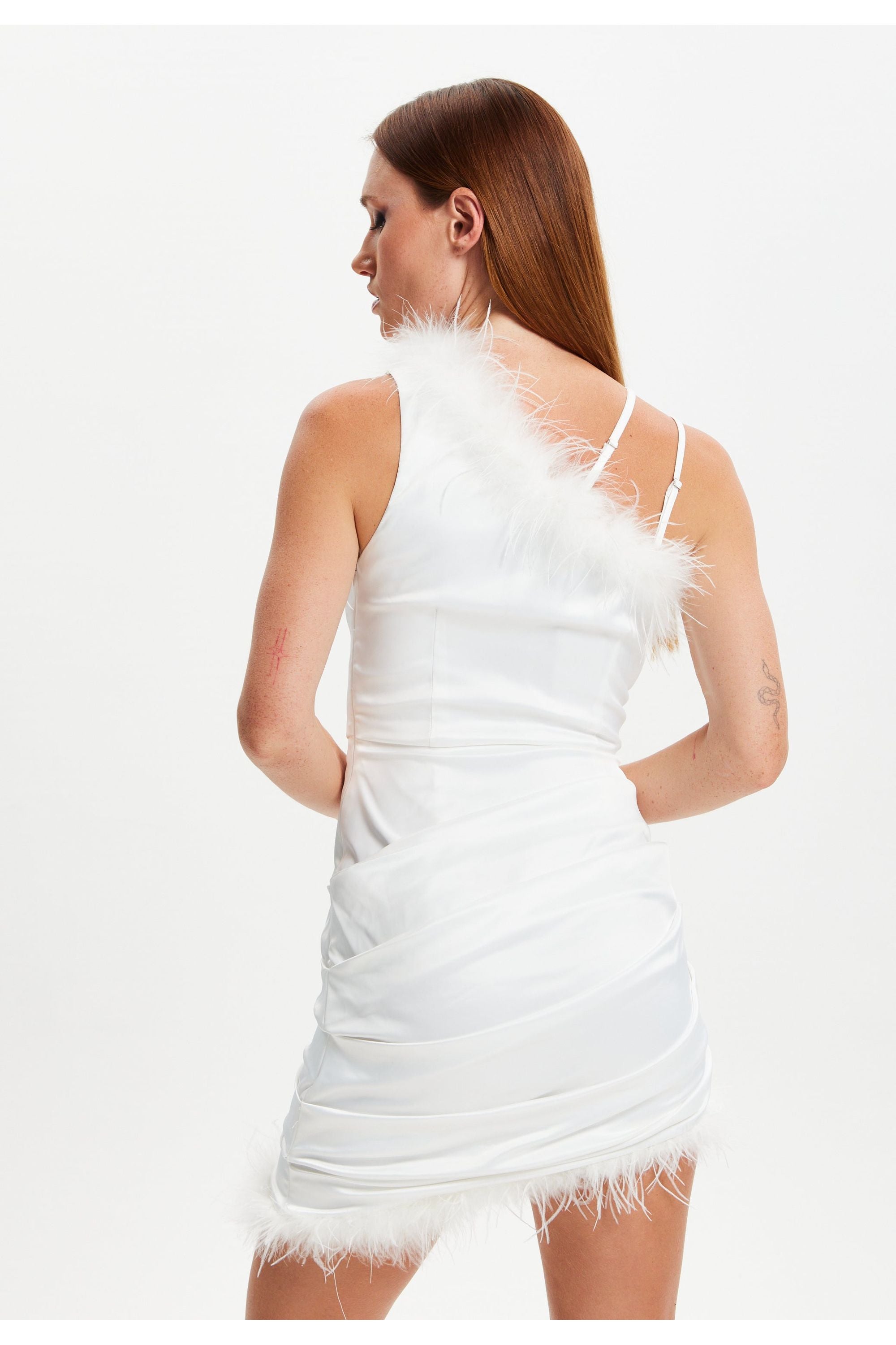 One Shoulder Feather Mini Dress In White MYL004002
