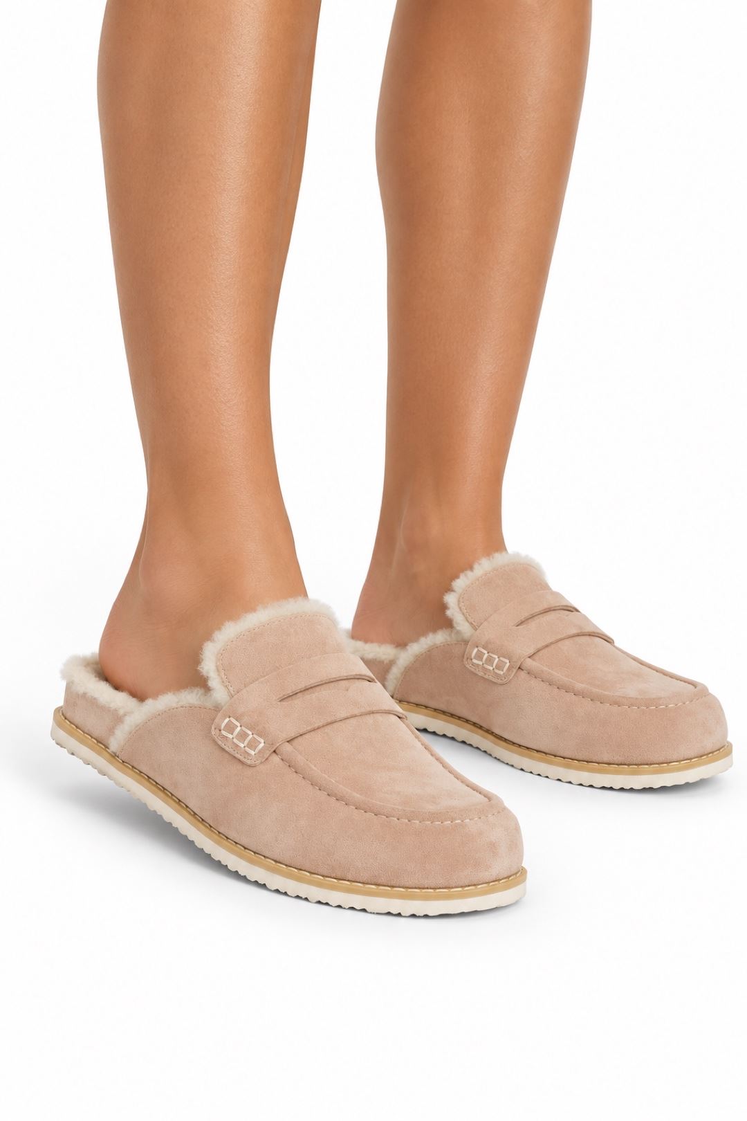 Alviera Fur Detail Backless Mule Loafer Slippers In Beige DONALD1-BEISU