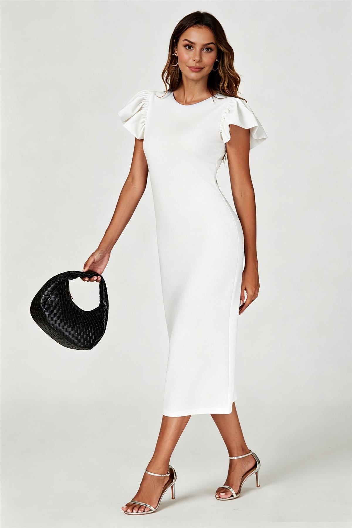 Volume Sleeve Bodycon Midi Dress In White FS770