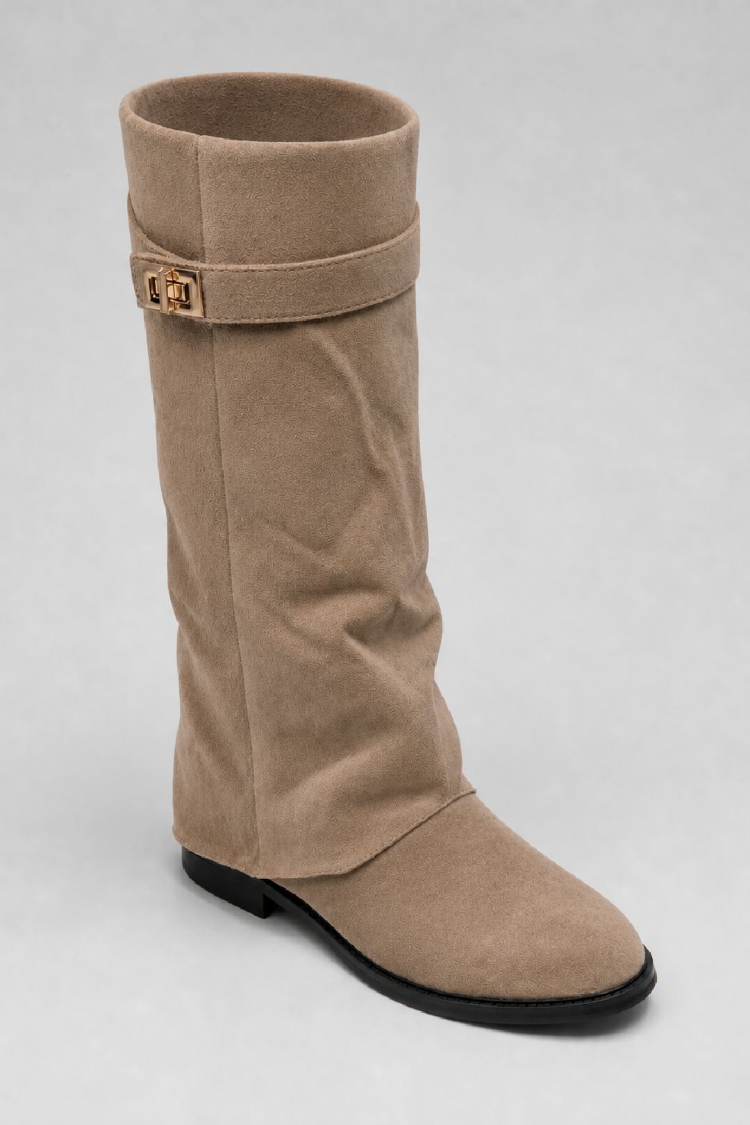Isley Round Toe Gold Trim Buckle Fold Over Knee High Boots In Taupe Suede WISPA15-TAUSU