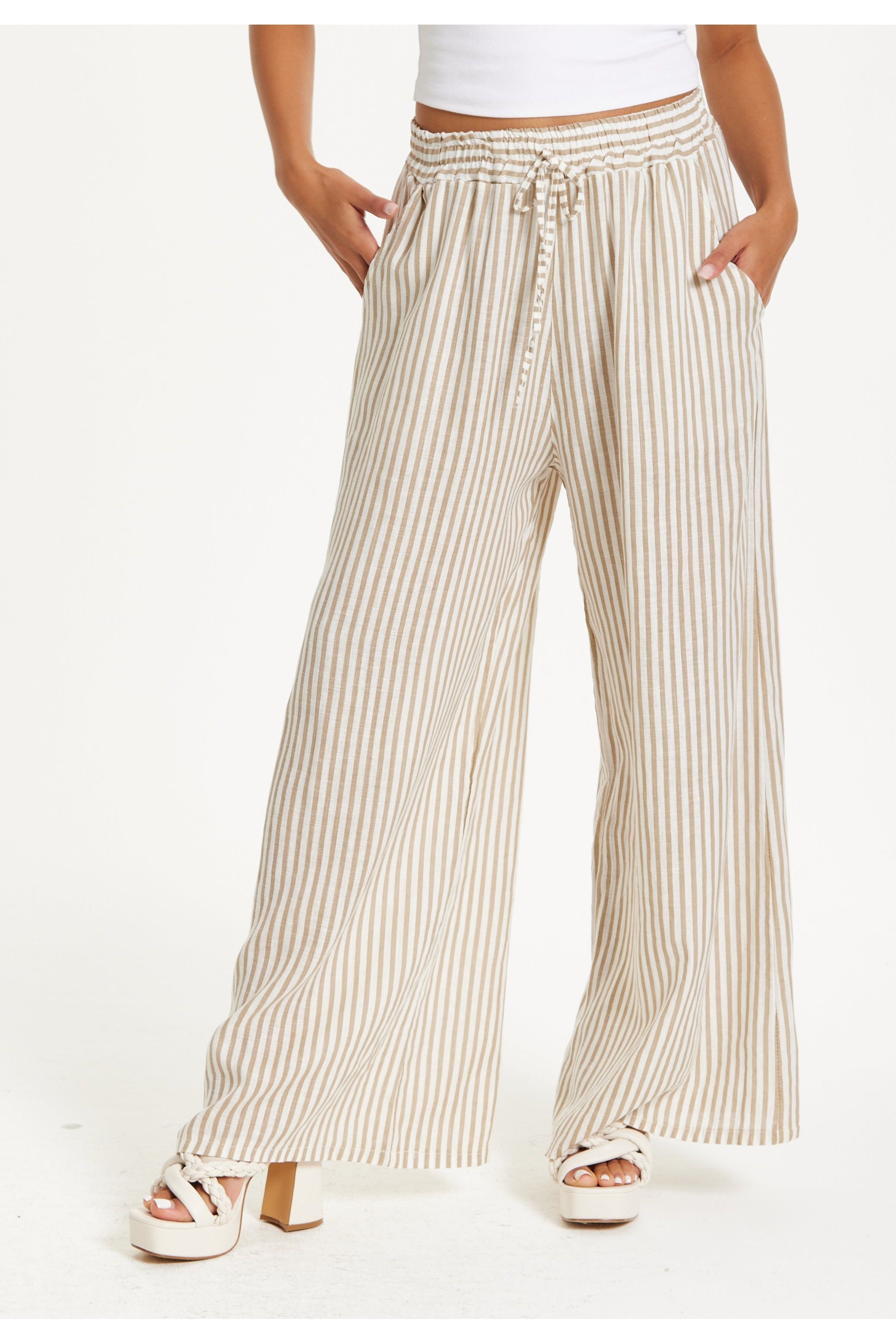 Beige Striped Linen Wide Leg Trousers 25SS8876017