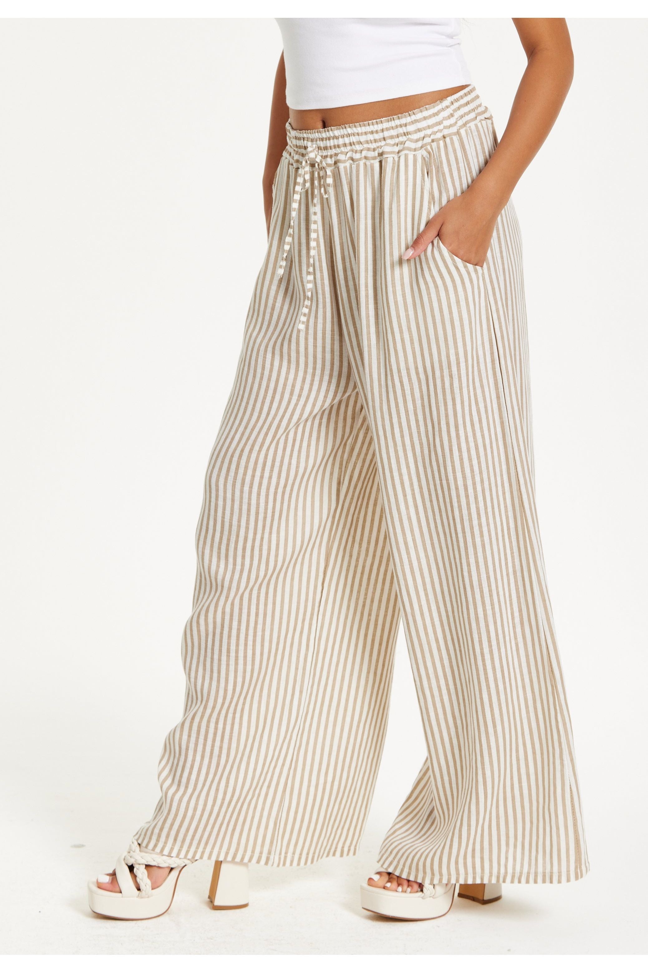 Beige Striped Linen Wide Leg Trousers 25SS8876017