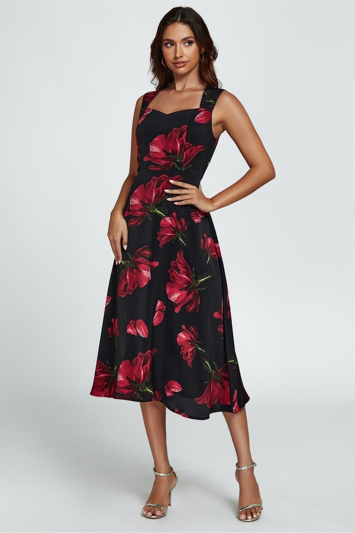 Floral Print Heart Neck Midi Dress In Black FS399-RedFloral