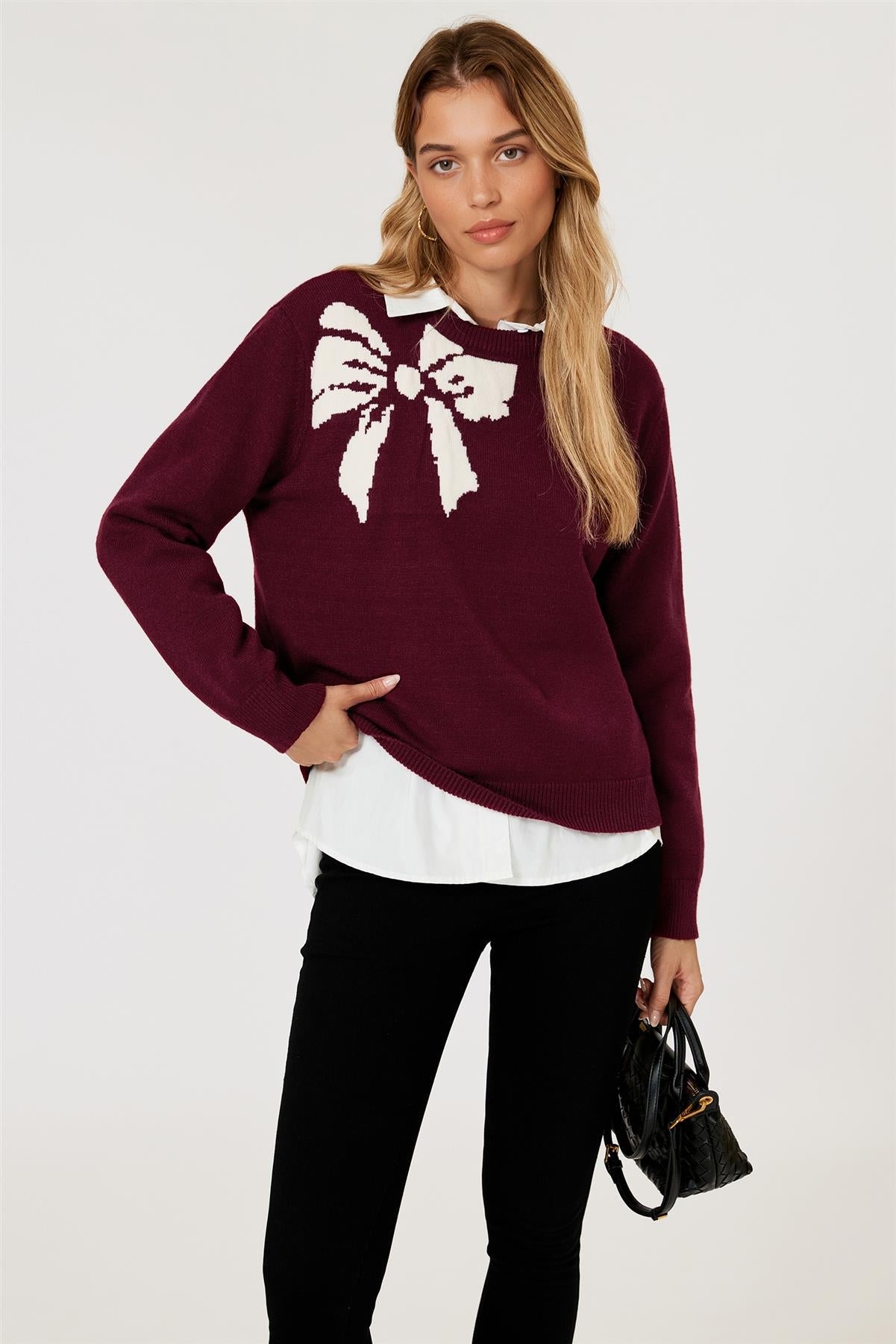 Bowknot Pattern On Shoulder Knit Jumper Top In Wine FS892