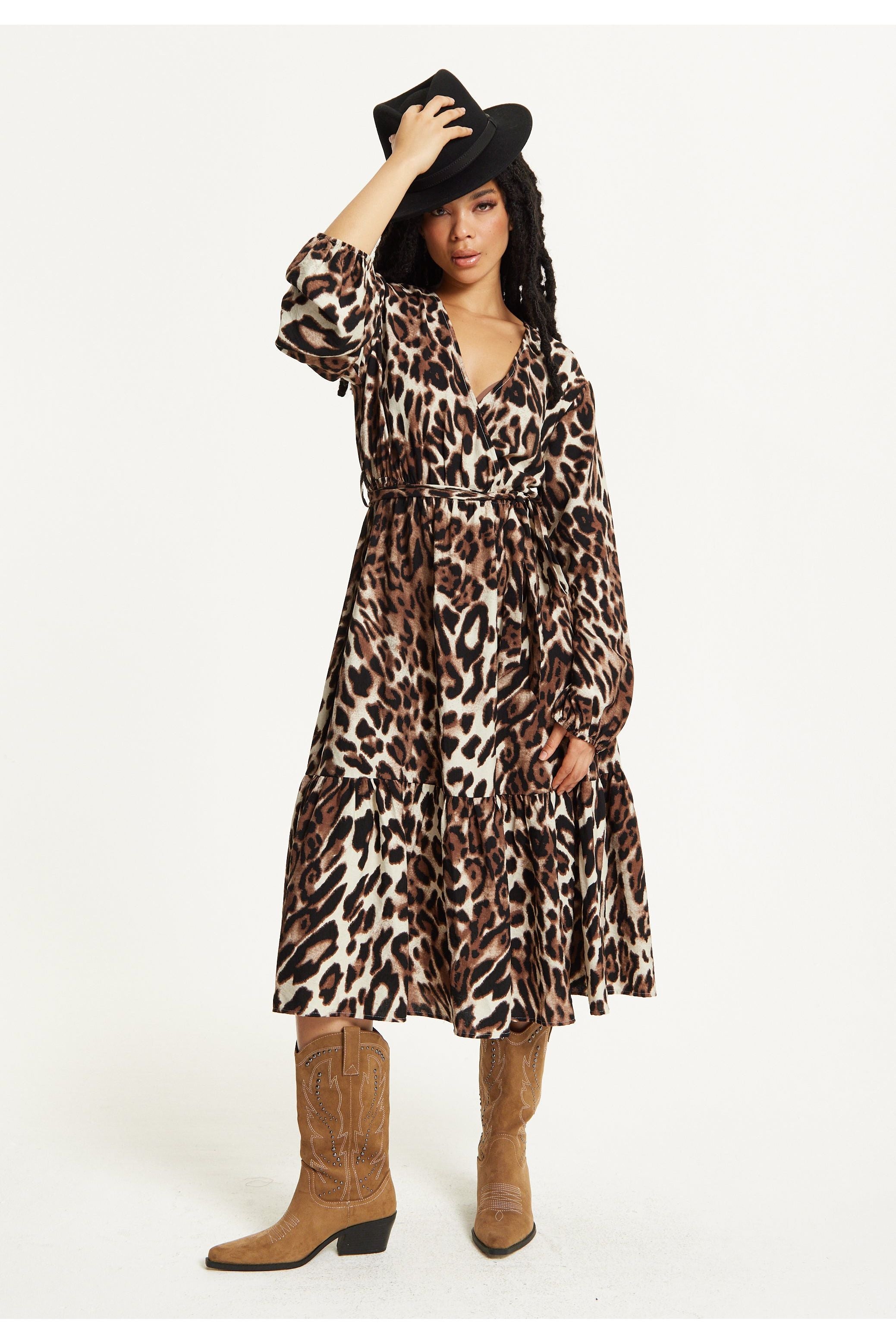 Leopard Print Long Sleeve Midi Dress TD25549037