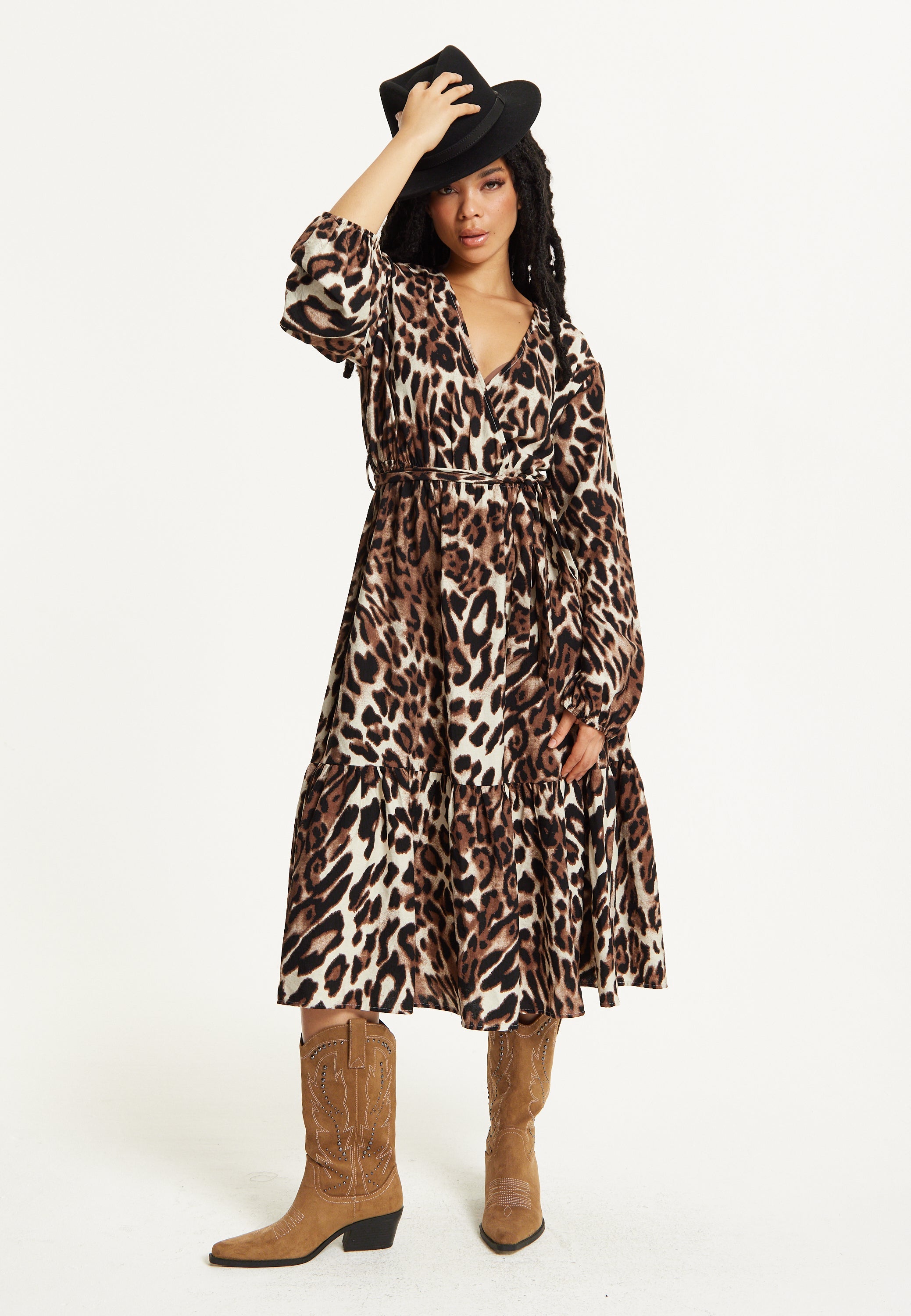 Leopard Print Long Sleeve Midi Dress TD25549037